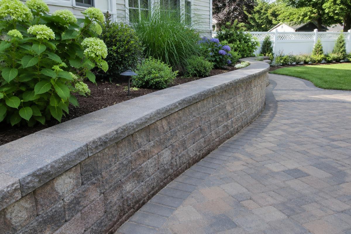 Segmental block garden wall beside a paver walkway