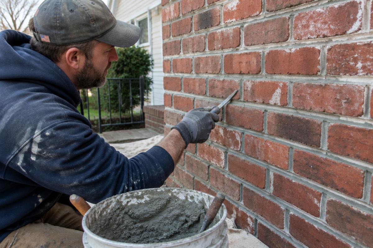Mason repointing mortar joints on a red brick wall