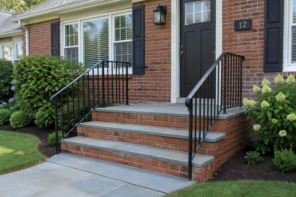 Brick front stoop with stone treads and iron railing