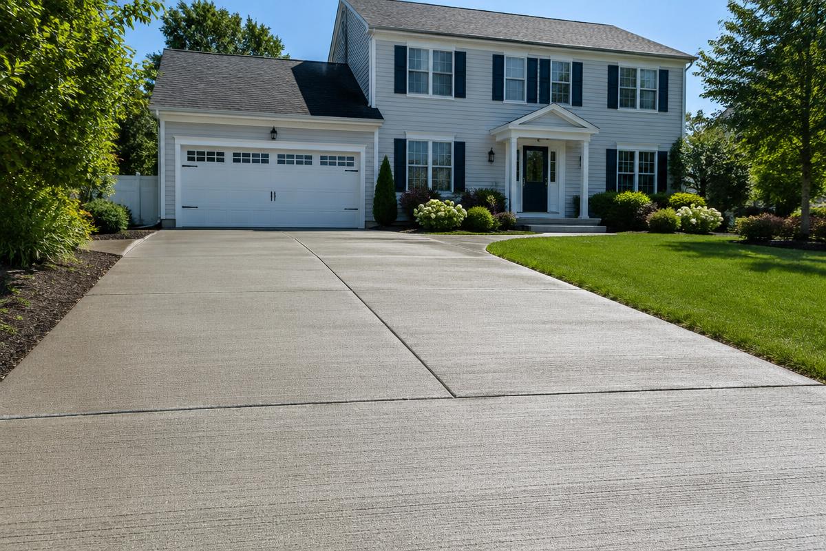 New broom-finished concrete driveway in front of a Long Island colonial home