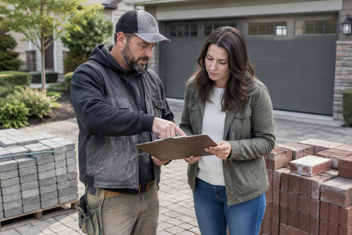 Masonry contractor reviewing plans with a homeowner beside pavers and brick