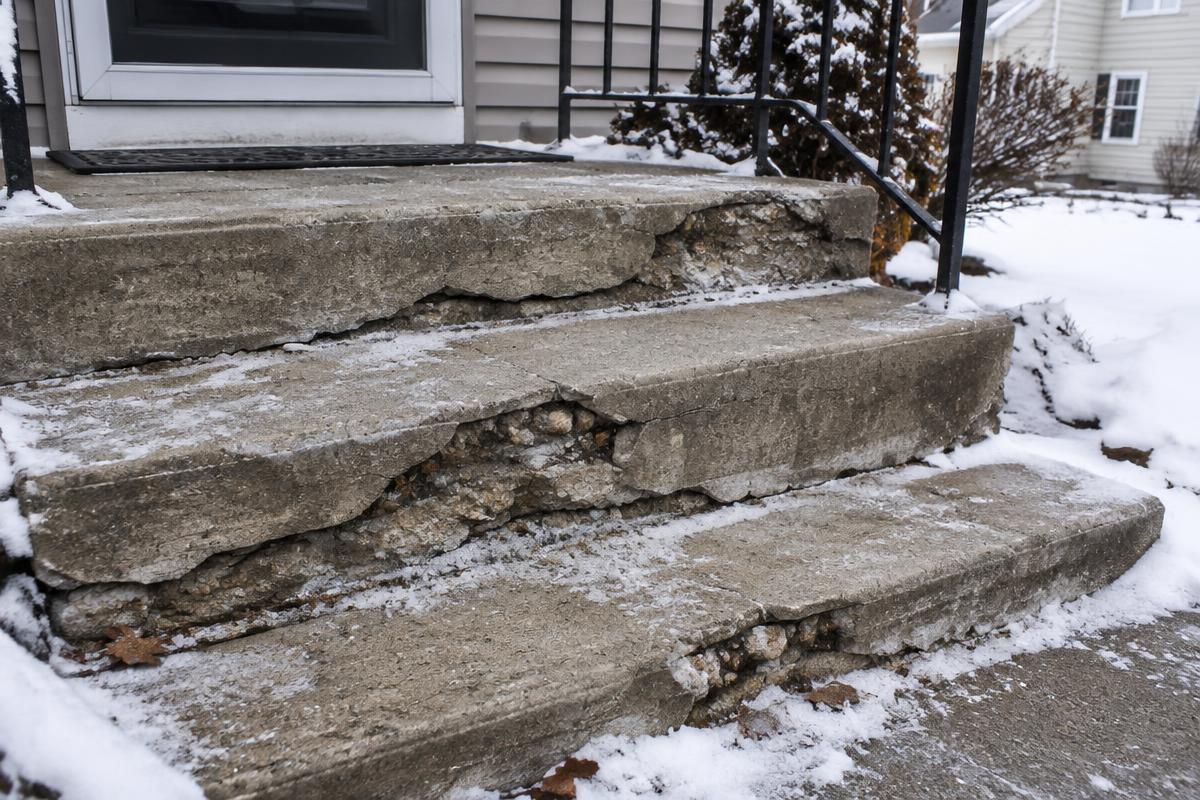 Concrete front steps with winter freeze-thaw damage
